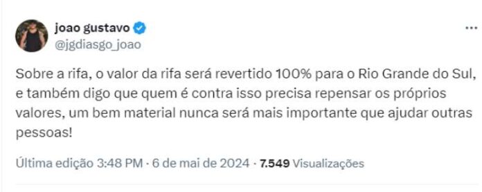 Ele comentando sobre a Rifa (Reprodução: Twitter)