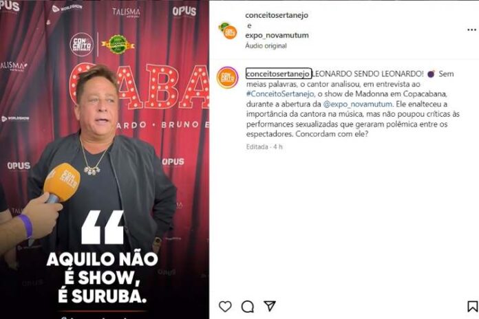 Madonna e Leonardo A entrevista que Leonardo concedeu ao 'Conceito Sertanejo' falando de Madonna (Reprodução: Instagram)