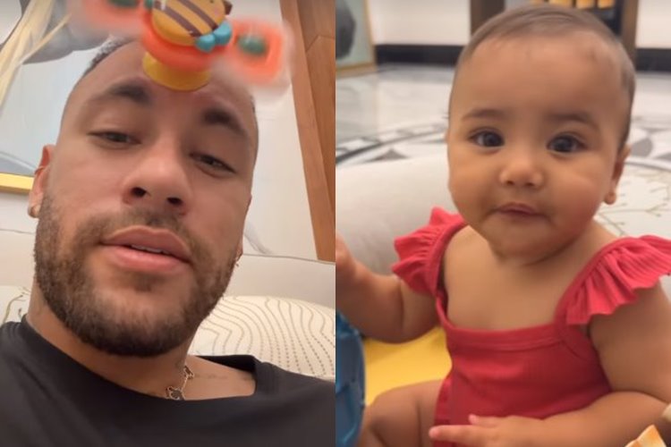 Neymar exibe momento fofo com Mavie e revela: “Se eu tiro, ela chora”
