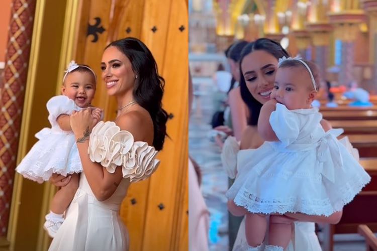 Bruna Biancardi batiza Mavie na Basílica Nossa Senhora do Rosário de Fátima