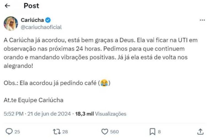 A postagem realizada pela equipe da Cariúcha (Reprodução: X, antigo Twitter)