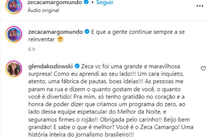 Glenda se pronunciando sobre a saída Zeca Camargo da Band TV na postagem dele (Reprodução: Instagram)
