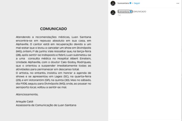 Luan Santana - Comunicado O comunicado da equipe de Luan Santana (Reprodução: Instagram)