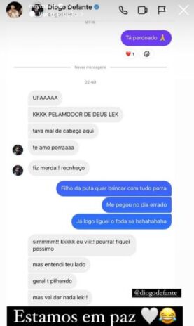 Neymar compartilhando com os seguidores que já havia conversado com Diogo e a situação foi resolvida (Reprodução: Instagram)
