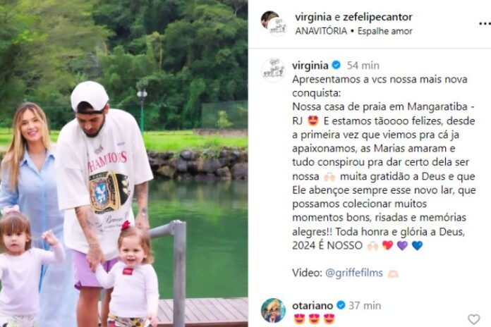 Virginia Fonseca, Zé Felipe, Maria Alice e Maria Flor na parte externa da casa de praia (Reprodução: Instagram)