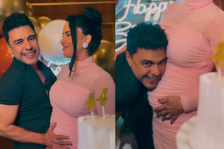 Zezé Di Camargo beija barriga de Graciele Lacerda e conversa com a filha durante gravidez: ‘Acorda’