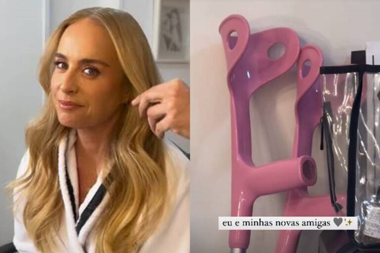 Angélica surge usando muletas e bota ortopédica após sofrer acidente