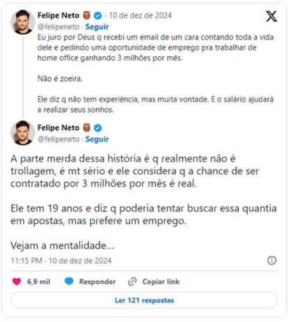 Relato de Felipe Neto. (Foto: reprodução/X)