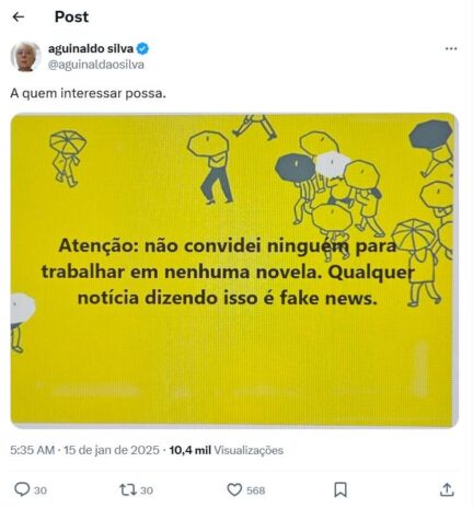 Aguinaldo Silva O pronunciamento de Aguinaldo Silva sobre o assunto (Reprodução: X/Twitter)