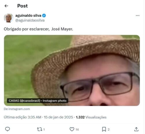Aguinaldo Silva e José Aguinaldo Silva mandando um recado ao José Mayer, após negar ter recebido o convite em entrevista (Reprodução: X/Twitter)