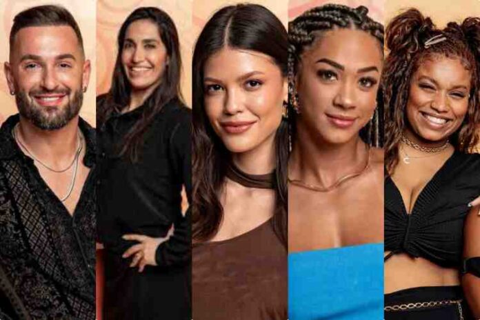 Diego, Danielle, Vitória, Aline e Camilla no BBB25 Diego, Danielle, Vitória, Aline e Camilla no BBB25 (Montagem/Área VIP/Globo)
