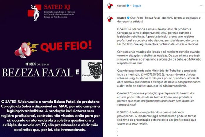 Publicação da SATED-RJ. (Foto: reprodução/Instagram)