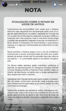 O comunicado da assessoria de Mateus, dupla de Jorge (Reprodução: Instagram)