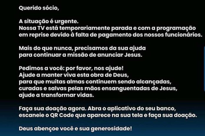 Mensagem exibida pela Rede Século 21 em sua programação (Reprodução/Rede Século 21)