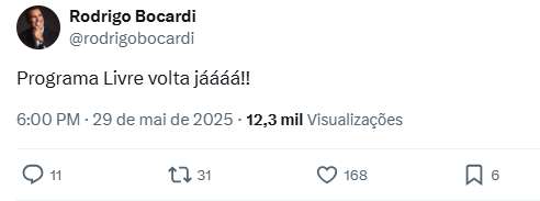 Publicação de Rodrigo Bocardi (Reprodução/Twitter)