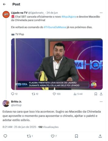 Post de Britto Jr (Reprodução: X, antigo Twitter)