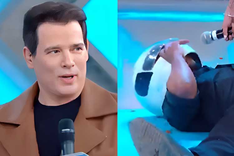 No ‘Domingo Legal’, convidado leva tijolada ao vivo, e Celso Portiolli reage: ‘Não tenho coragem’