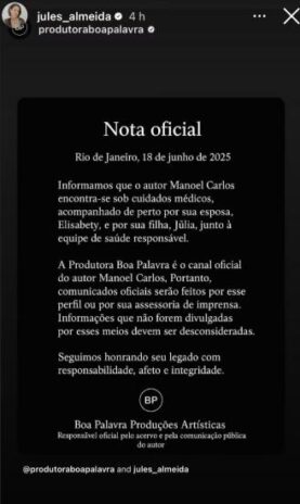 Post de Julia Almeida, filha do autor Manoel Carlos
