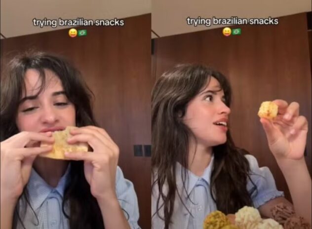 Camila provando comidas brasileiras
