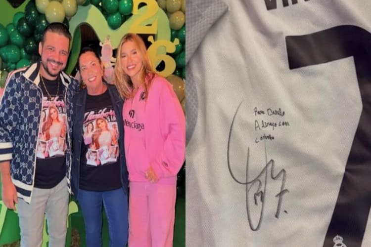 Danilo, namorado da mãe de Virginia, compartilha blusa autografada do Vini Jr. 