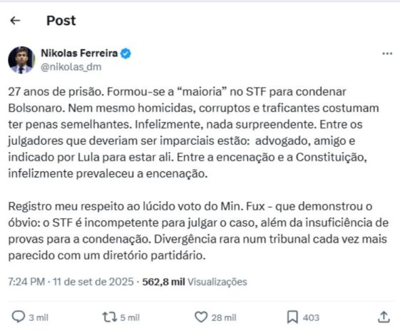 Post do Nikolas Ferreira (Reprodução: X, antigo Twitter
