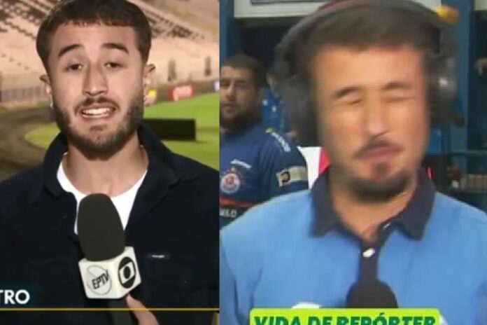 Rodrigo Castro Repórter da Globo leva bolada durante matéria (Foto: Reprodução/ Globo)