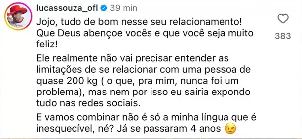 O comentário em resposta do Lucas (Reprodução/Instagram)