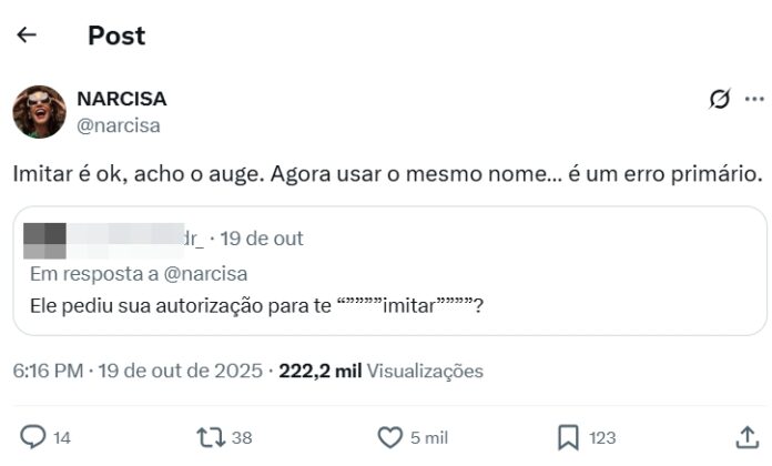 Resposta da Narcisa sobre o Tiago Barnabé (Reprodução: 'X', antigo Twitter)