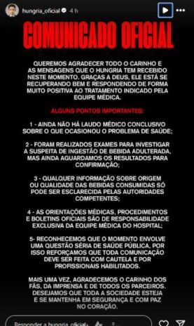 O comunicado da assessoria do Hungria (Reprodução: Instagram)