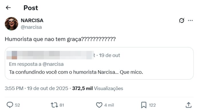 Resposta da Narcisa sobre o Tiago Barnabé (Reprodução: 'X', antigo Twitter)