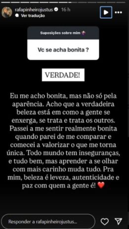 Declaração de Rafaella Justus via Stories do Instagram (Reprodução/Instagram)