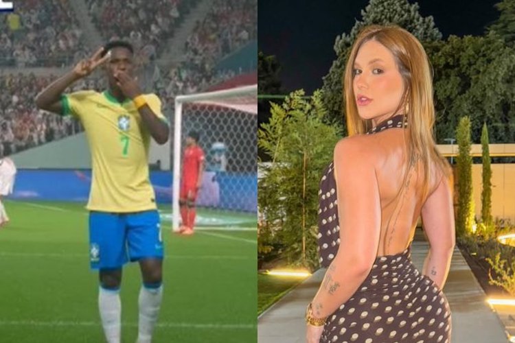 Vini Jr. faz gol em jogo da Seleção Brasileira, levanta V e manda possível beijo para Virginia Fonseca