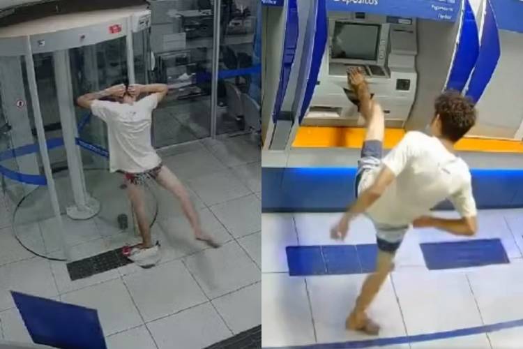 Homem tenta tirar dinheiro de caixa eletrônico e fica só de cueca em agência bancária