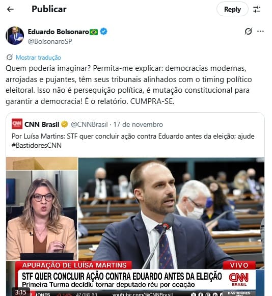Eduardo Bolsonaro se revolta contra o STF (Foto: X) Eduardo Bolsonaro se revolta contra o STF (Foto: X)