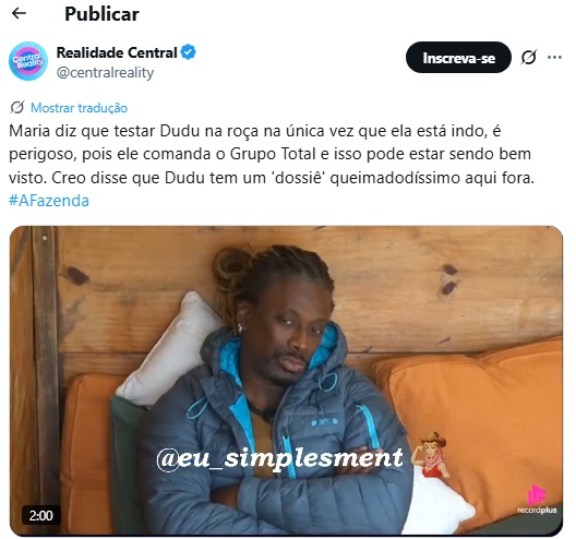 Creo insiste para Maria puxar Dudu para a Roça em A Fazenda 17 (Foto: X) Creo insiste para Maria puxar Dudu para a Roça em A Fazenda 17 (Foto: X)