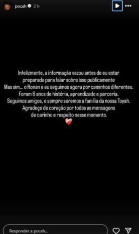 Pocah O pronunciamento da Pocah nas redes sociais (Reprodução: Instagram)