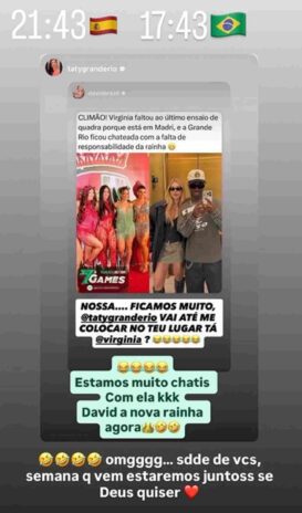 Story da Virginia ironizando o acontecido - Reprodução: Instagram Story da Virginia ironizando o acontecido - Reprodução: Instagram