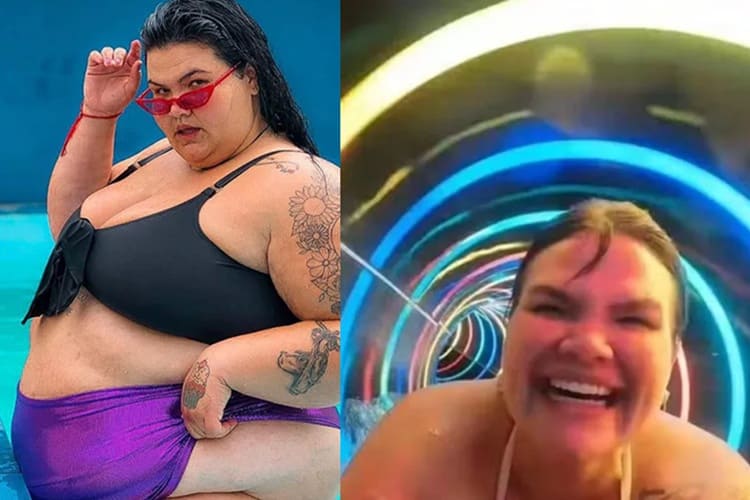 Thais Carla antes da cirurgia e agora em Tobogã (Foto: Reprodução)