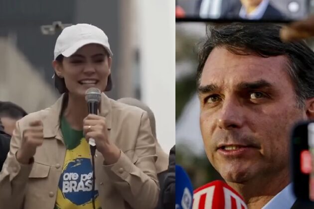 Michelle Bolsonaro e Flávio (Foto: Reprodução/ © Bruno Peres/Agência Brasil)
