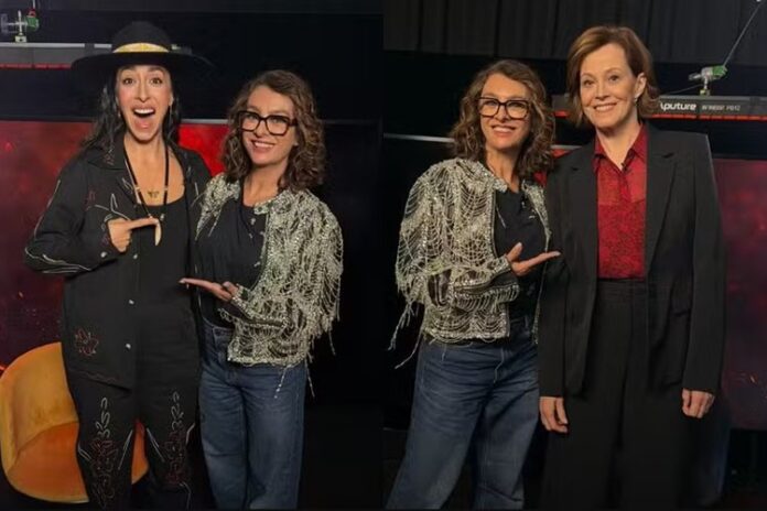 Cátia e estrela de Avatar Catia Fonseca ao lado de Oona Chaplin e Sigourney Weaver — Foto: Divulgação/Catia Fonseca
