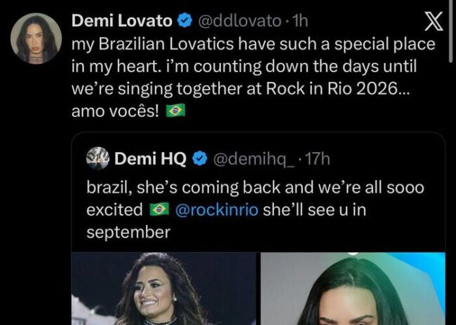 Demi Lovato fala sobre Rock In Rio 2026 