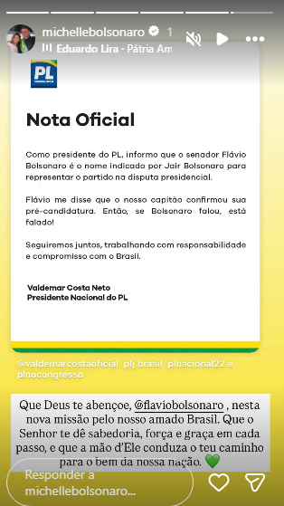 Michelle reage a candidatura de Flávio Bolsonaro à presidência em 2026 (Foto: Instagram)