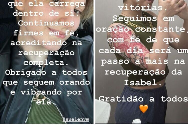 Estado de Isabel Veloso (Fonte: Instagram)