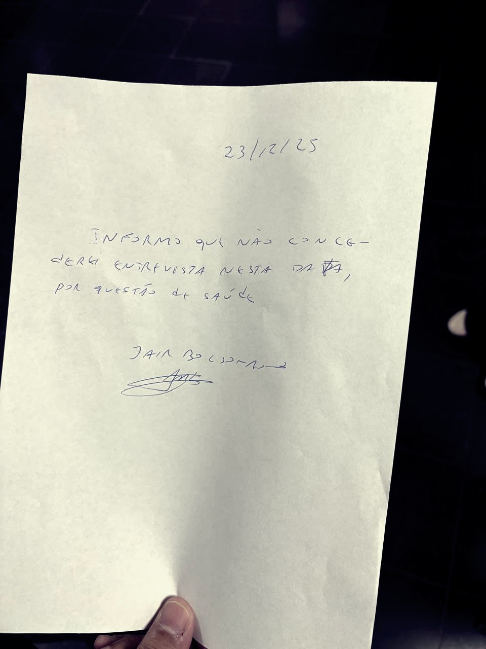 Bilhete escrito por Jair Bolsonaro