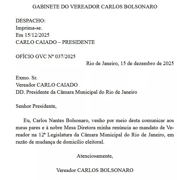 Carlos Bolsonaro assina, de próprio punho, sua renúncia à Câmara de Vereadores do Rio; carta é publicada no Diário Oficial Carlos Bolsonaro assina, de próprio punho, sua renúncia à Câmara de Vereadores do Rio; carta é publicada no Diário Oficial