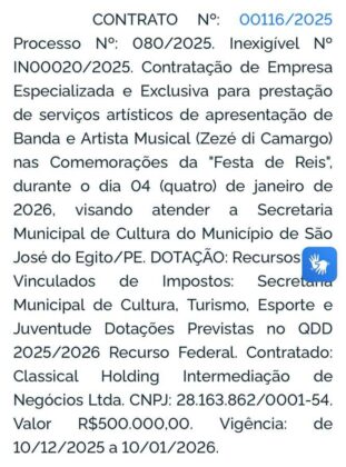 Zez&eacute; receberia um cach&ecirc; de R$ 500 mil de dinheiro p&uacute;blico