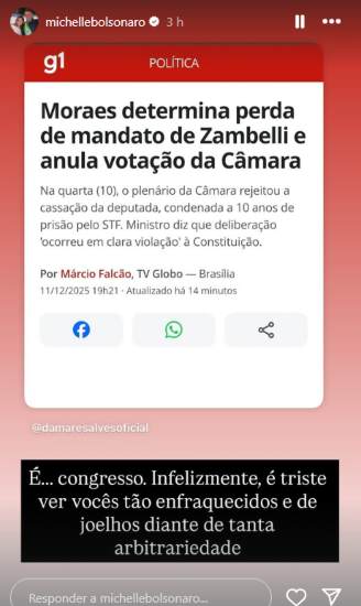 Post da Michelle Bolsonaro Post da Michelle Bolsonaro (Reprodução: Instagram)