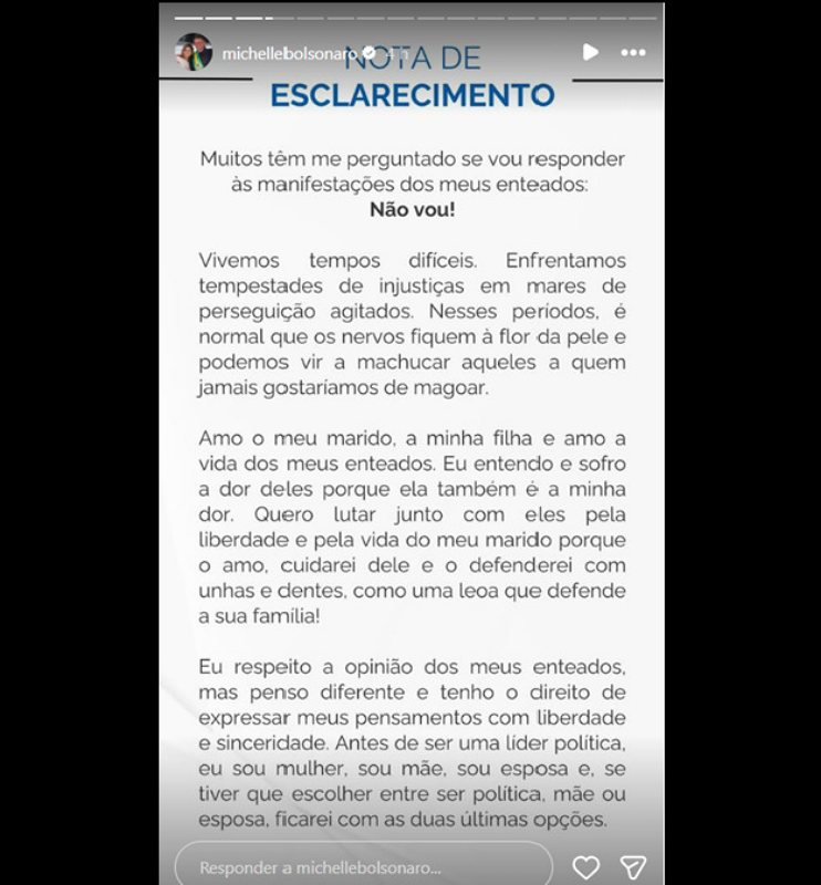 Stories de Michelle Bolsonaro
