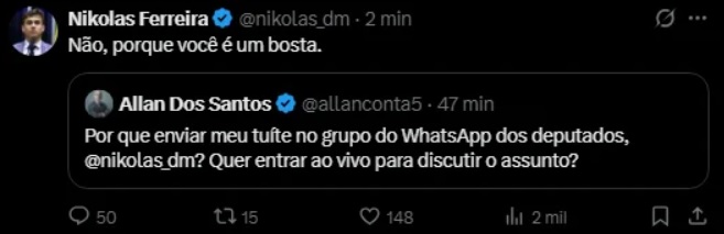 Nikolas xingando bolsonarista - Reprodução: X Nikolas xingando bolsonarista - Reprodução: X