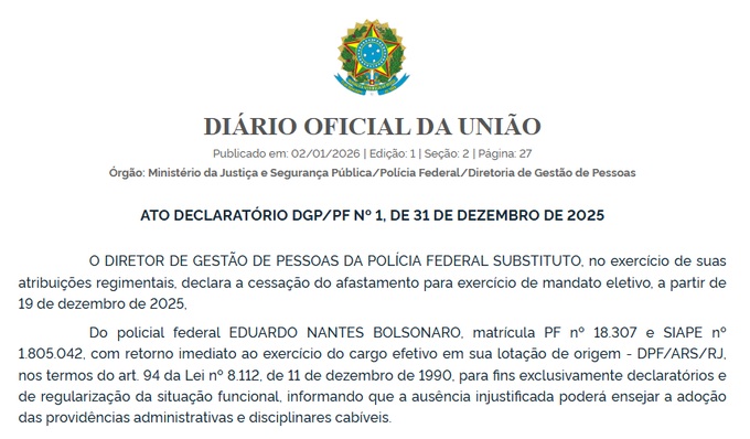 A medida foi publicada no Diário Oficial da União (DOU).